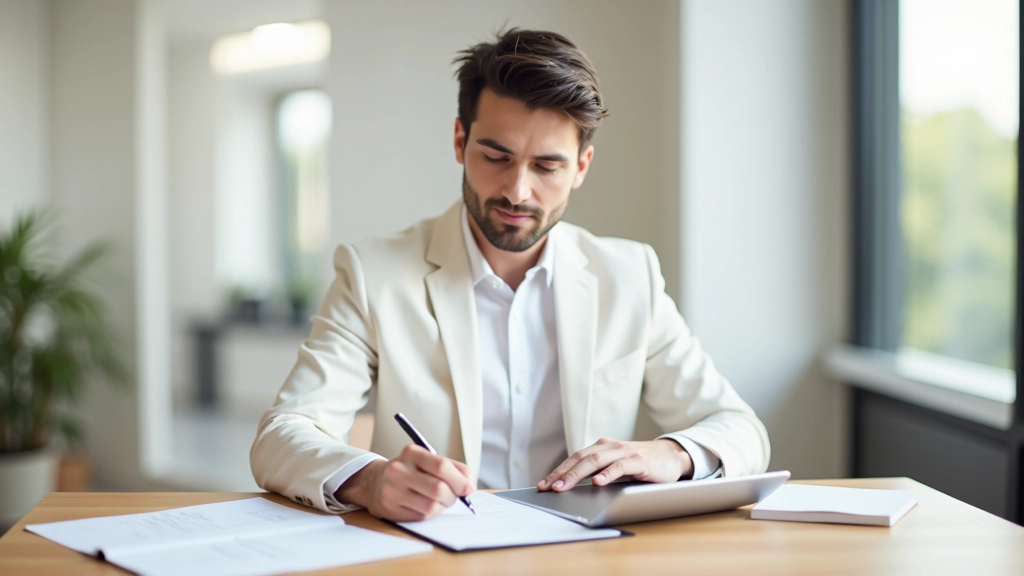 Foglio di carta con meta tag HTML scritti a mano, titolo meta description evidenziato, pen e computer sullo sfondo