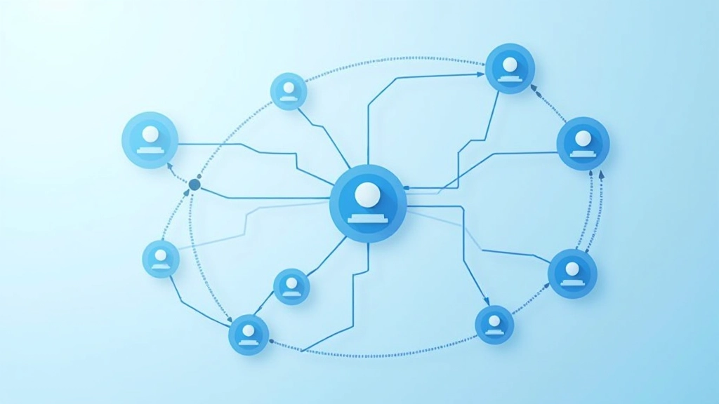 Grafico che mostra il flusso di link interni di un sito, con nodi connessi da frecce, visualizzazione di una struttura di rete ben organizzata