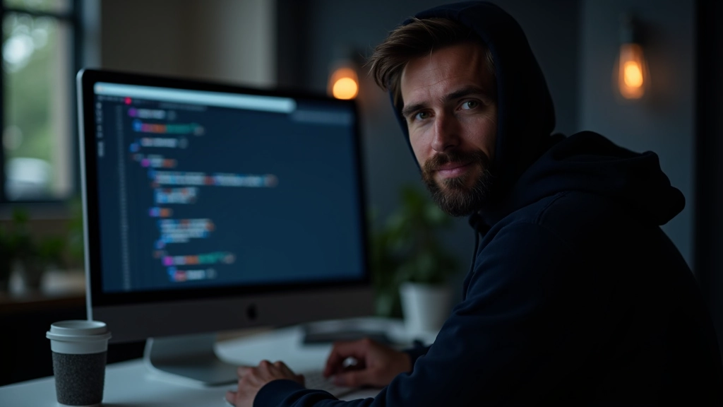 Designer che lavora al computer con codice HTML e CSS visibile sullo schermo, ambiente di lavoro moderno con monitor dual